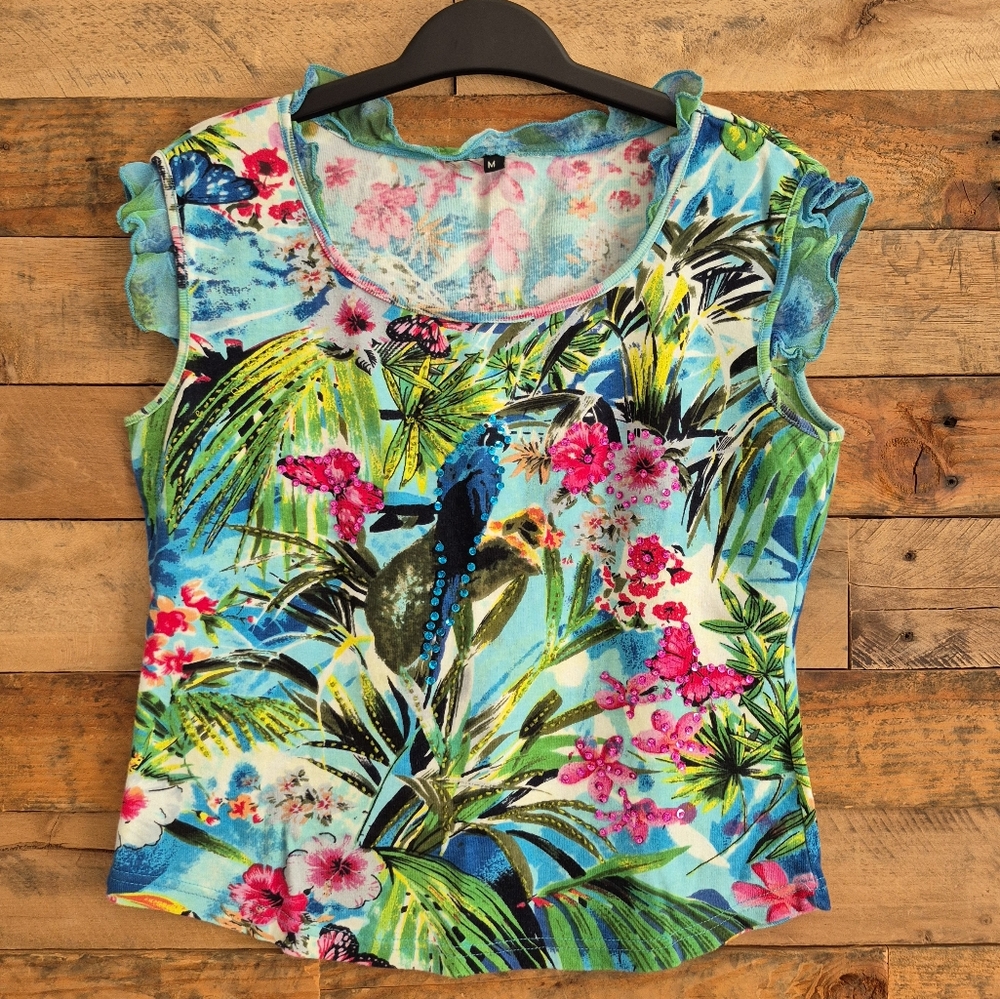 Artsy Tropical Print Sleeveless Top with Beading Sequins Flowers Butterflies